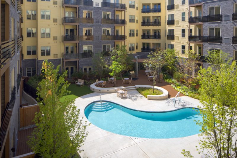 A pool and courtyard are part of the amenity package at Third & Valley in South Orange.