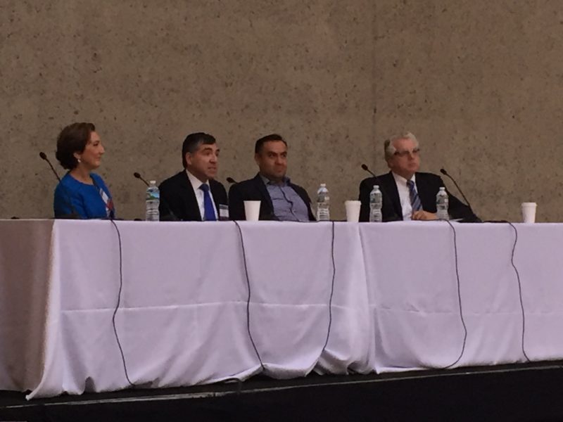 From left, Mimi Feliciano, Ralph Zucker, Jorge Abad and Tim Touhey speak at RealShare NJ at Bell Works in Holmdel.